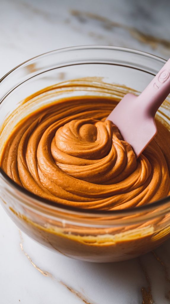 A large glass mixing bowl with pumpkin batter being gently mixed using a silicone spatula