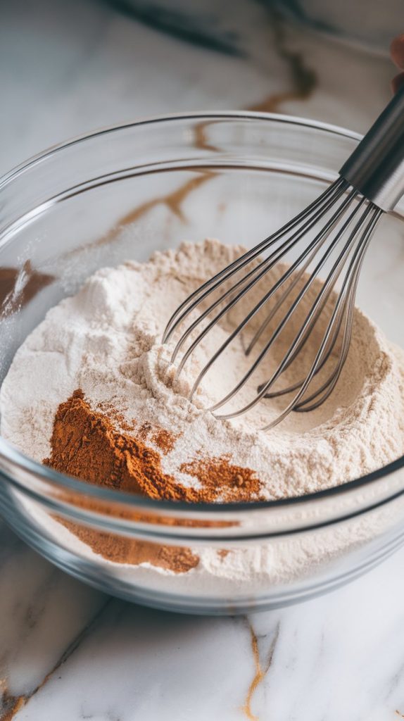 A large glass mixing bowl with flour, baking soda, baking powder, cinnamon, nutmeg, and salt