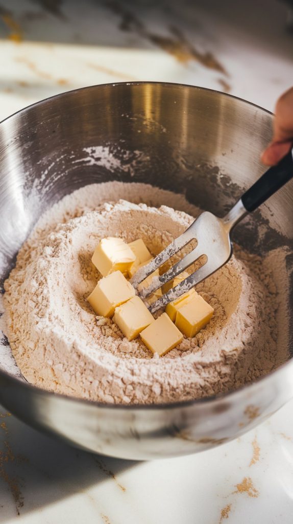 A large mixing bowl with a flour mixture and small cubes of butter being mashed with a fork