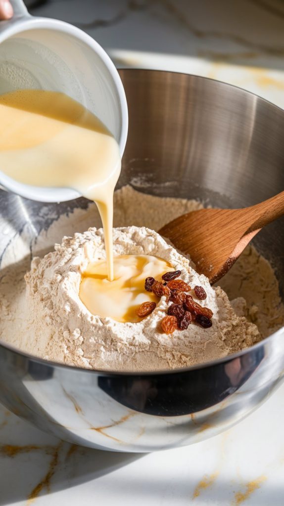 A mixing bowl with flour and butter mixture, and buttermilk-egg mixture being poured in