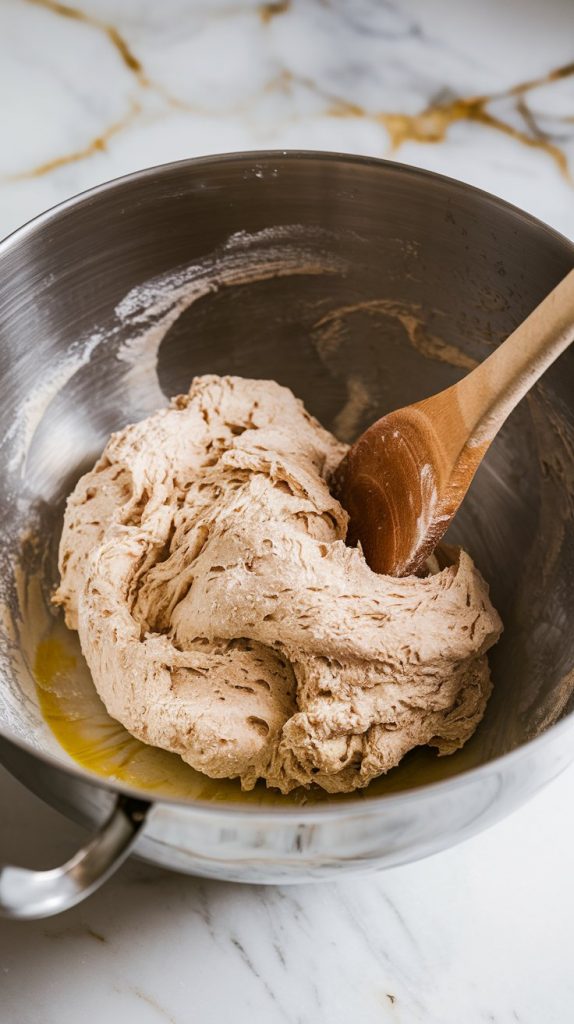 a large mixing bowl filled with flour, salt, and yeast, with a wooden spoon stirring in warm water and olive oil