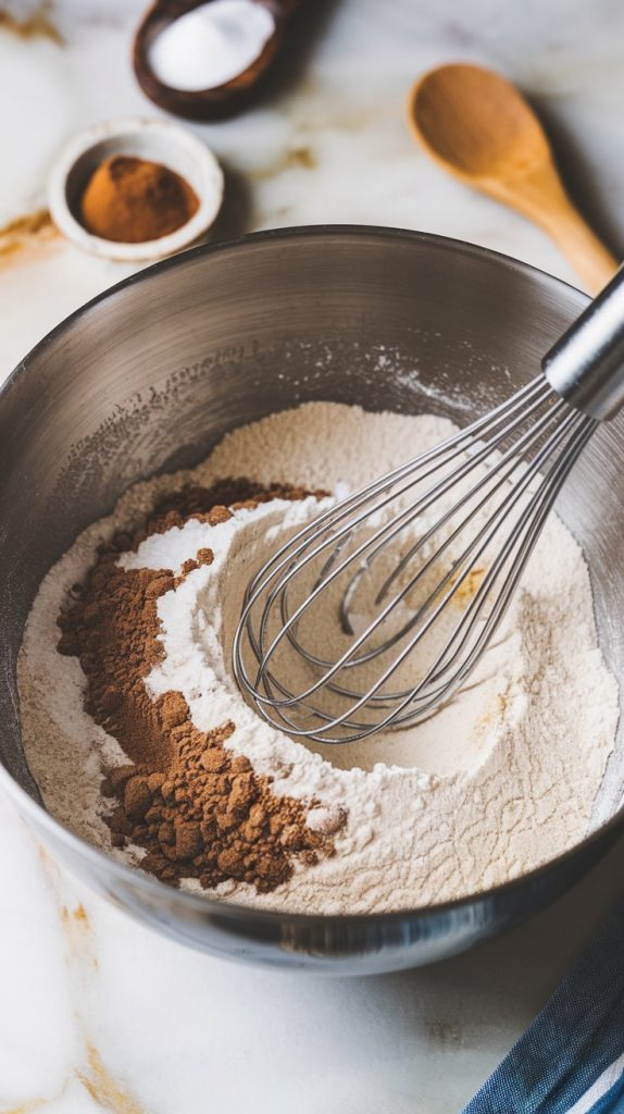 A large mixing bowl filled with flour, sugar, baking powder, baking soda, salt, cinnamon, and nutmeg being whisked together