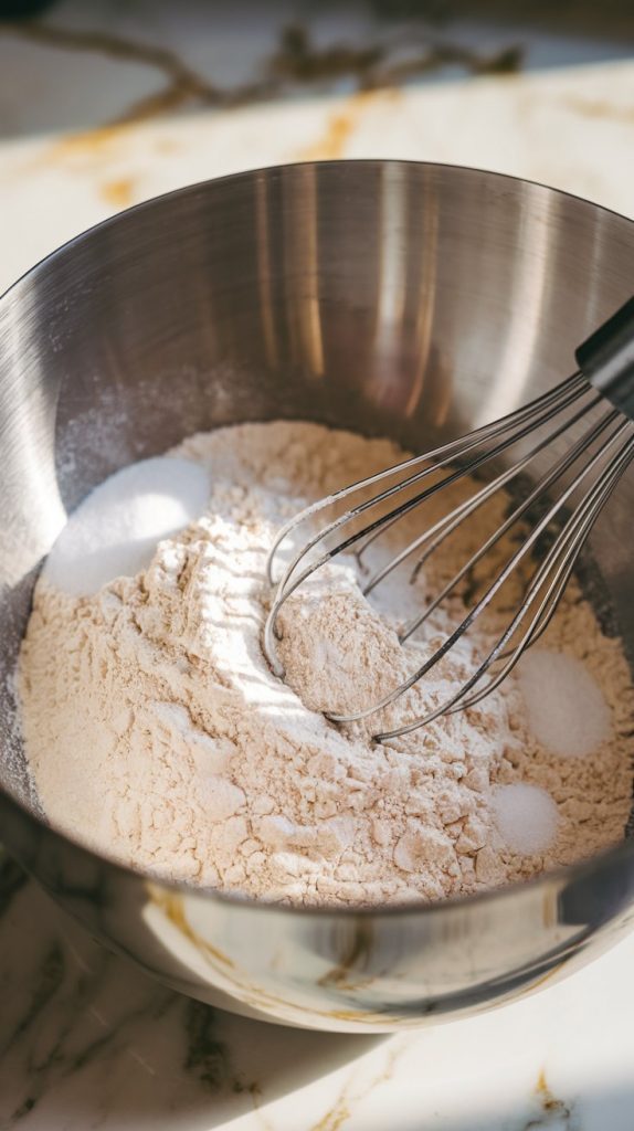 a large mixing bowl filled with all-purpose flour, baking powder, salt, and sugar being whisked together with a hand whisk