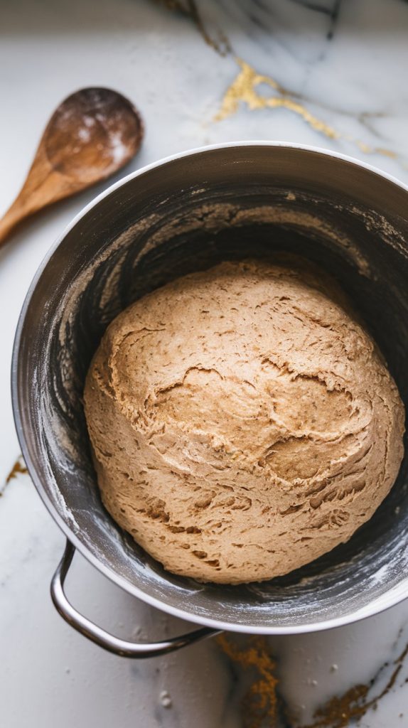 A large mixing bowl on a white marble counter with hints of gold, filled with shaggy bread dough made of flour