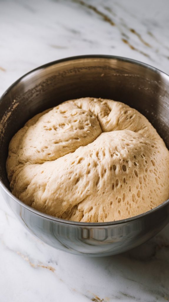 a large mixing bowl with risen, puffy dough