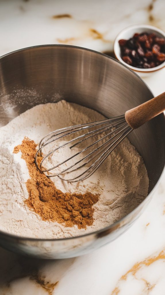 a large mixing bowl with flour, sugar, salt, cinnamon, and yeast being whisked together with a wooden spoon