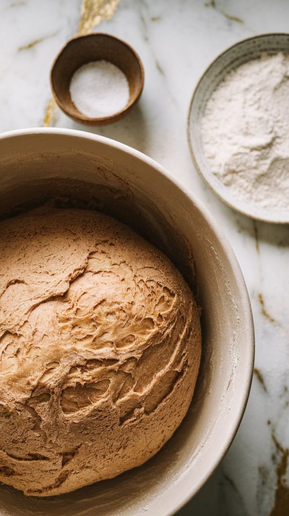 A large mixing bowl with sticky, shaggy sourdough dough being mixed with a wooden spoon