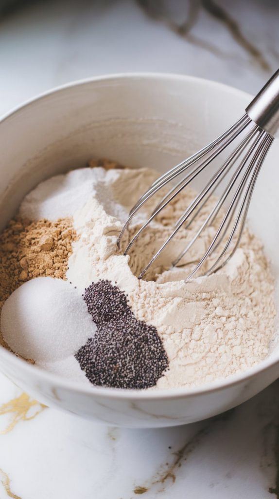 a large white mixing bowl filled with flour, sugar, baking powder, baking soda, salt, and poppy seeds being whisked together