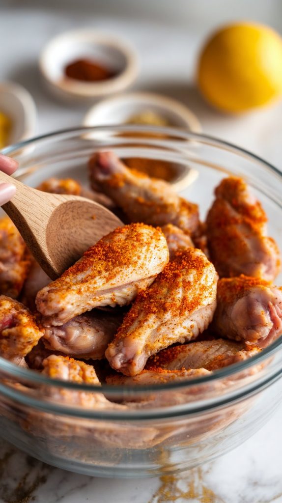 a mixing bowl with raw chicken wings coated in seasonings, with a wooden spoon mixing everything together