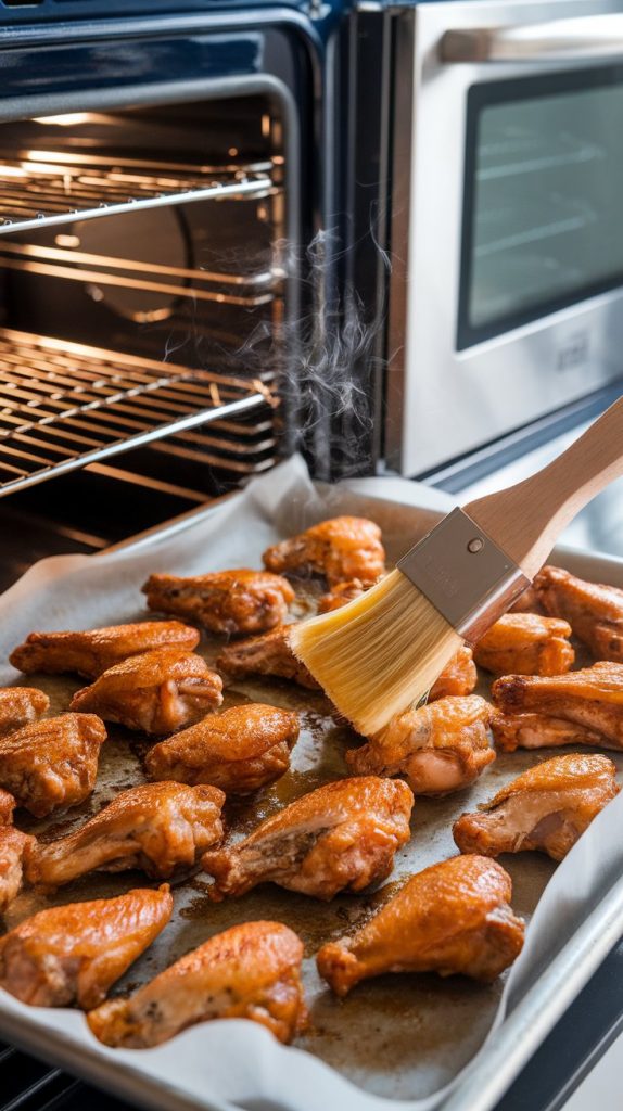 A baking sheet lined with parchment paper, topped with golden chicken wings being brushed with melted butter-lemon mixture