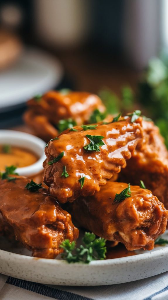 A plate of slow cooker honey mustard chicken wings, glistening with sticky sauce, garnished with fresh parsley