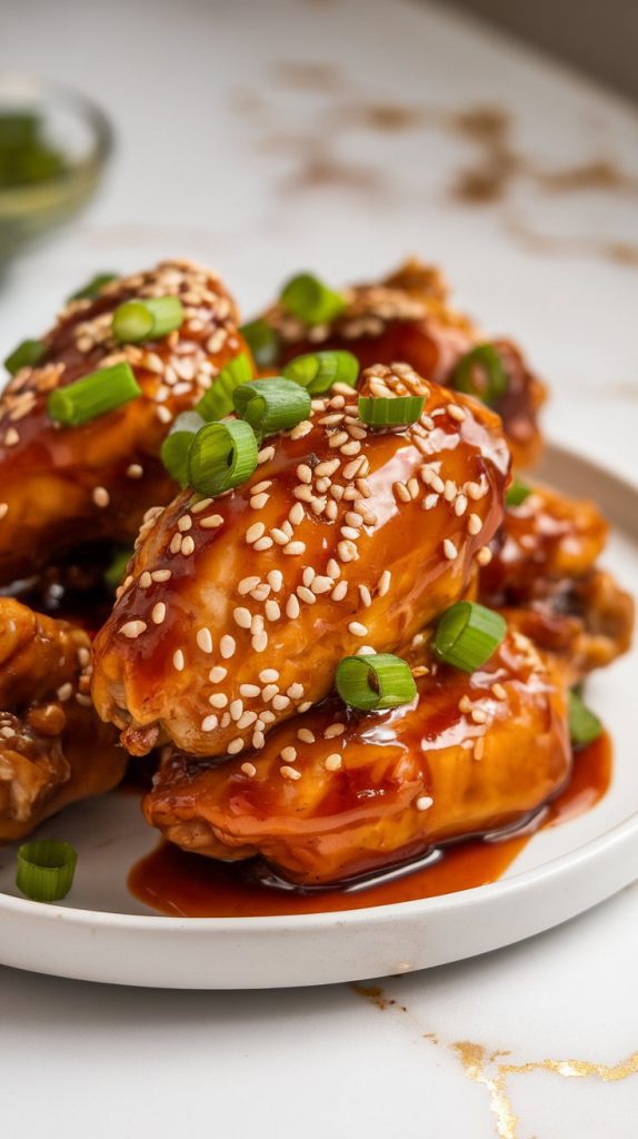 A plate of slow cooker teriyaki chicken wings, garnished with sesame seeds and green onions