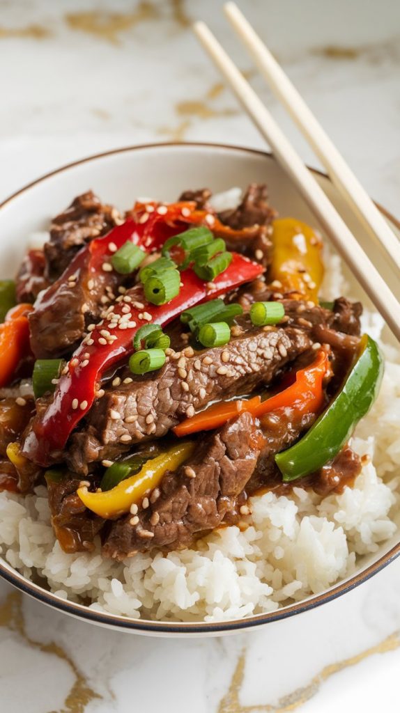 A serving of Crockpot Pepper Steak spooned over a bowl of fluffy white rice