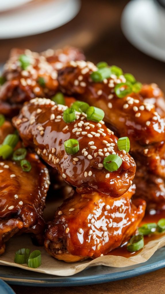 A serving platter filled with glazed Coca-Cola chicken wings