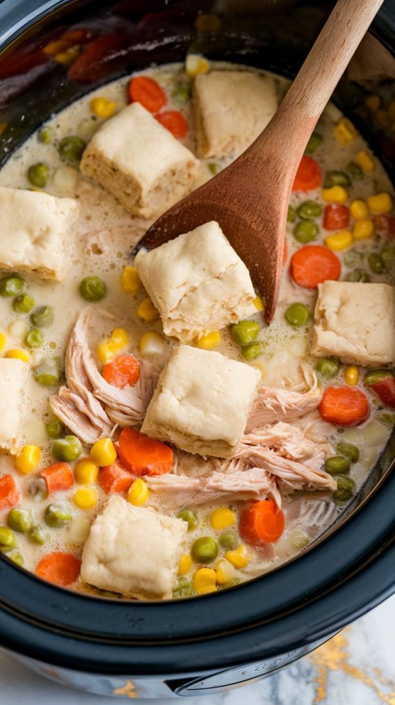 a slow cooker filled with creamy broth, shredded chicken, mixed vegetables