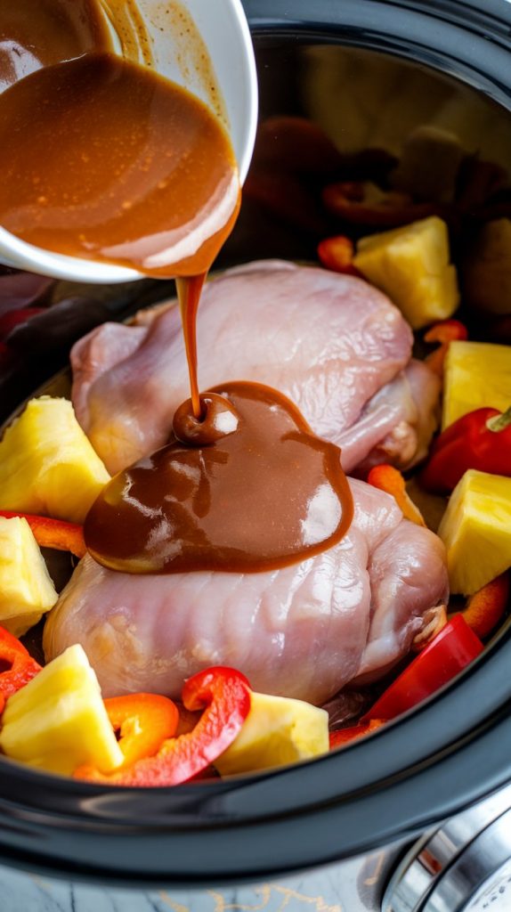 a slow cooker filled with raw chicken thighs, bright pineapple chunks, and colorful red and yellow bell peppers