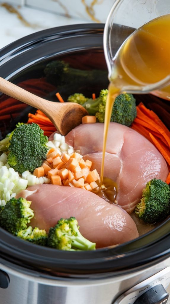 a slow cooker filled with raw chicken breasts, chopped broccoli florets, diced onion, minced garlic, shredded carrots