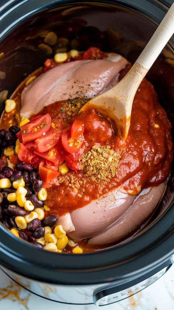 a slow cooker filled with raw chicken breasts, red enchilada sauce, diced tomatoes with green chilies, black beans, corn