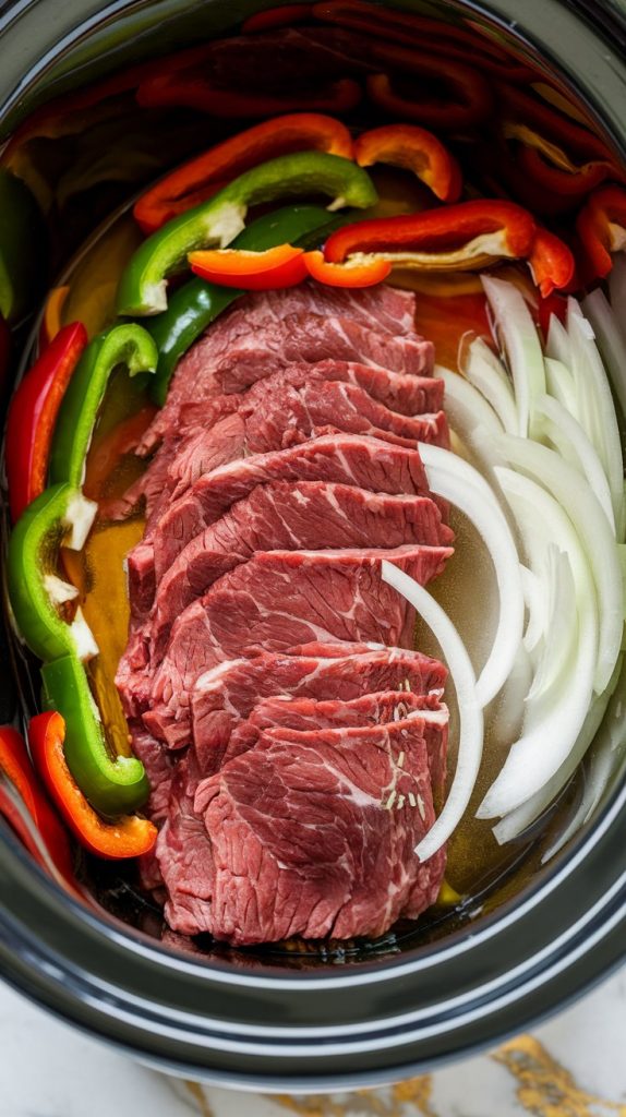 a slow cooker filled with thinly sliced beef sirloin, sliced green and red bell peppers, and sliced onions