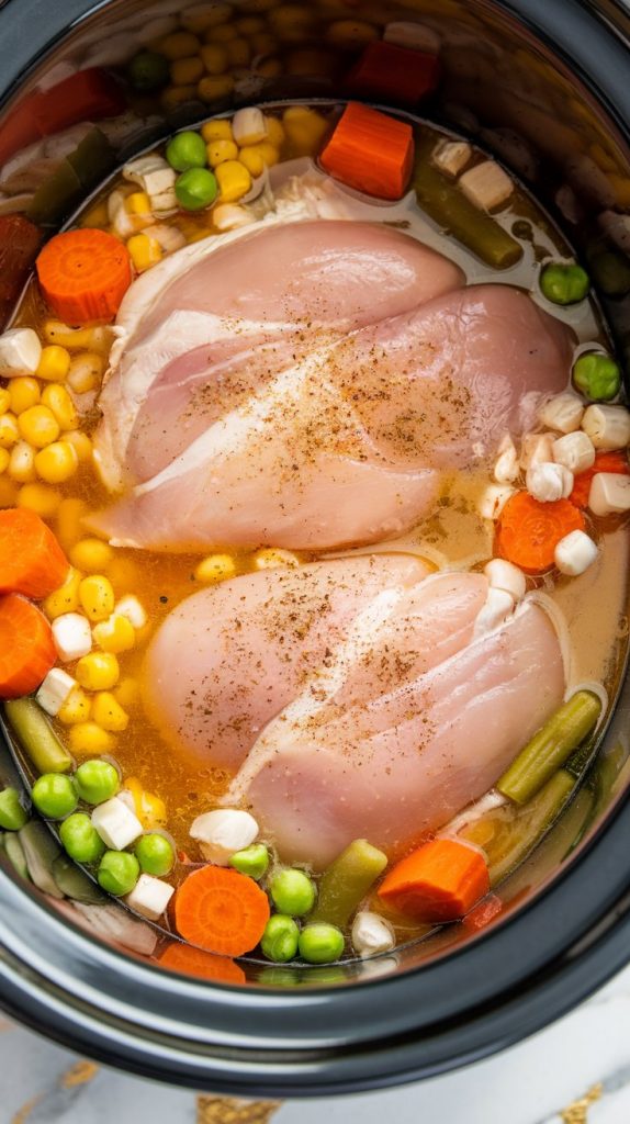 a slow cooker filled with raw boneless, skinless chicken breasts (or thighs), frozen mixed vegetables