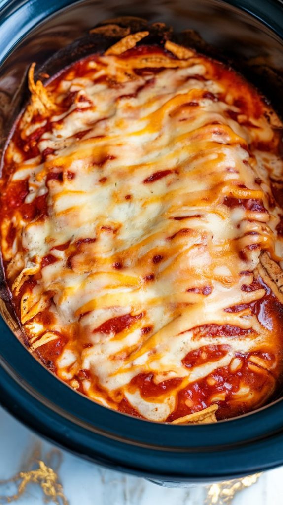  A slow cooker filled with cheesy chicken enchilada casserole, with melted cheese bubbling on top