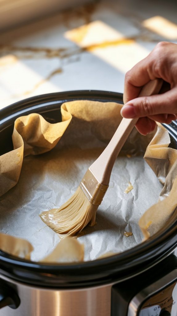 a slow cooker lined with parchment paper, as a hand brushes melted butter onto the surface for a light greasing