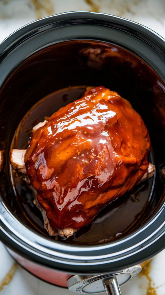 A slow cooker with a pork shoulder inside, surrounded by BBQ sauce, chicken broth, apple cider vinegar, Worcestershire sauce, and brown sugar