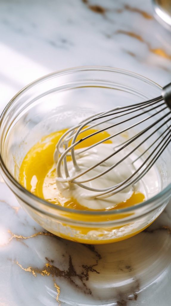 A small glass bowl filled with melted butter, eggs, Greek yogurt, lemon juice, lemon zest, and vanilla extract being whisked together