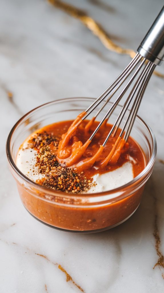 A small glass bowl filled with buffalo sauce, melted butter, ranch seasoning, and spices being whisked together