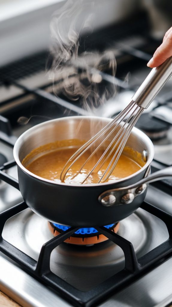 A small saucepan on a modern stainless steel gas stove with the honey mustard sauce simmering