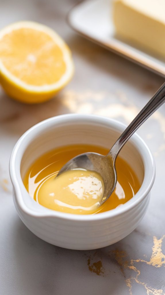 A small white bowl with melted butter and lemon juice being stirred with a spoon