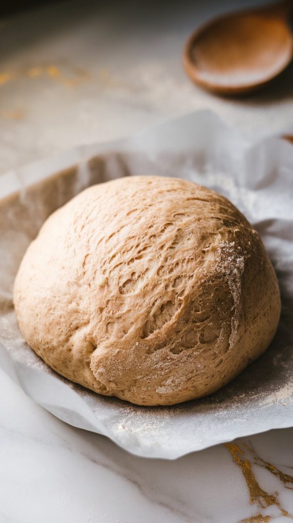 Hands shaping a soft, airy ball of sourdough dough on parchment paper