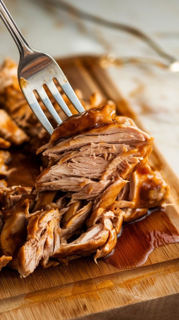 A wooden cutting board with two forks shredding tender, slow-cooked teriyaki chicken