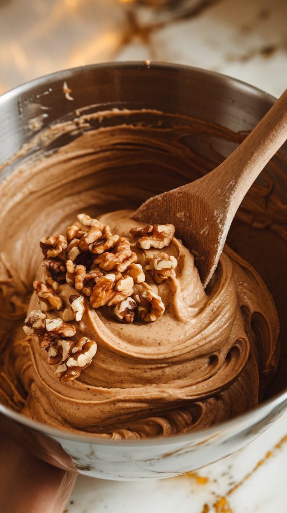 Banana bread batter being mixed in a large bowl, with chopped walnuts being folded in