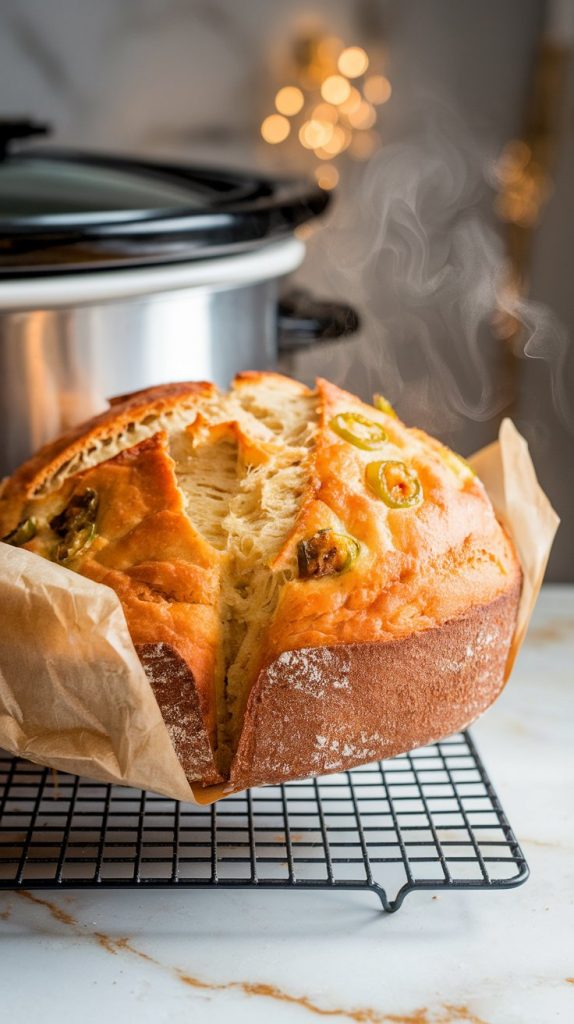 freshly cooked cheddar jalapeño bread being lifted from a slow cooker with parchment paper