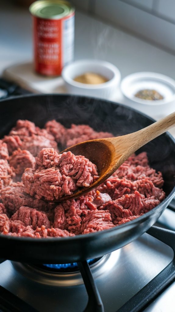 ground beef sizzling in a skillet on a modern stainless steel gas stove