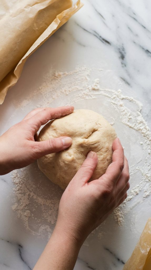 Hands shaping a ball of dough on a lightly floured surface, parchment paper nearby