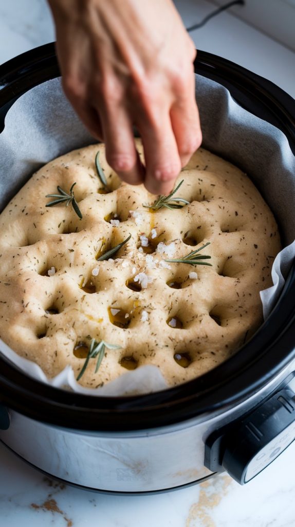 hands pressing deep dimples into focaccia dough speckled with fresh rosemary inside a parchment-lined slow cooker