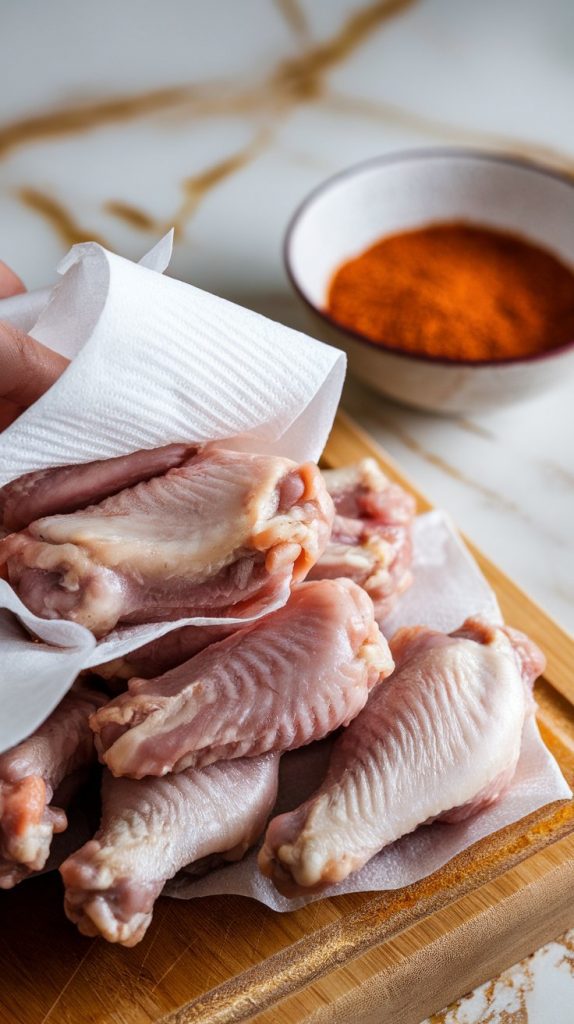 A person patting raw chicken wings dry with paper towels on a wooden cutting board