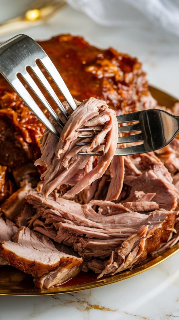 A large plate of cooked pork shoulder being shredded with two forks