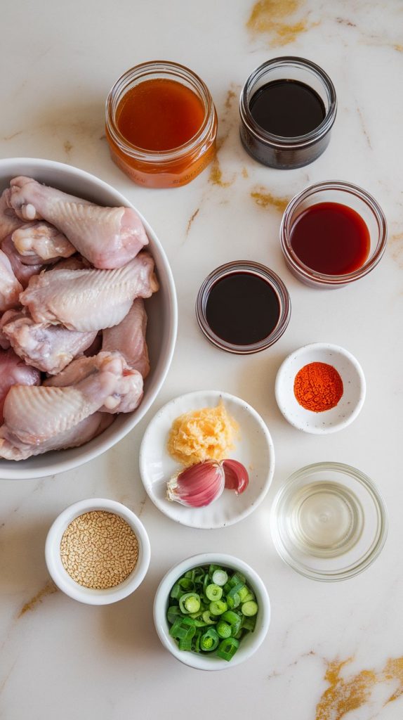 A bowl of raw chicken wings sits next to small bowls of orange marmalade, soy sauce, honey, ketchup, and rice vinegar