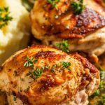 Crockpot Lemon Garlic Butter Chicken, served on a white plate with golden brown