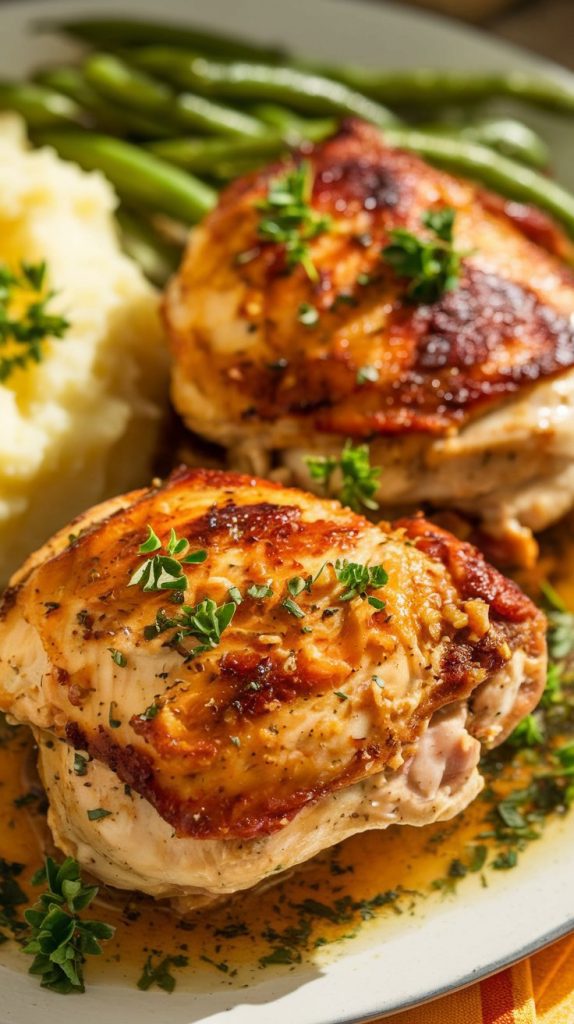 Crockpot Lemon Garlic Butter Chicken, served on a white plate with golden brown