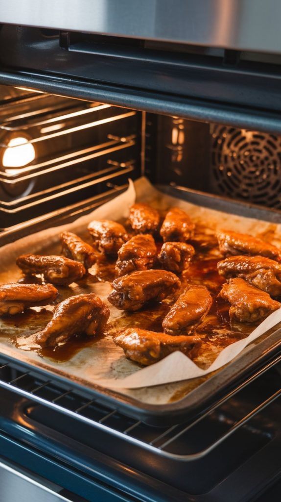 A baking sheet lined with parchment paper, holding teriyaki chicken wings under the broiler