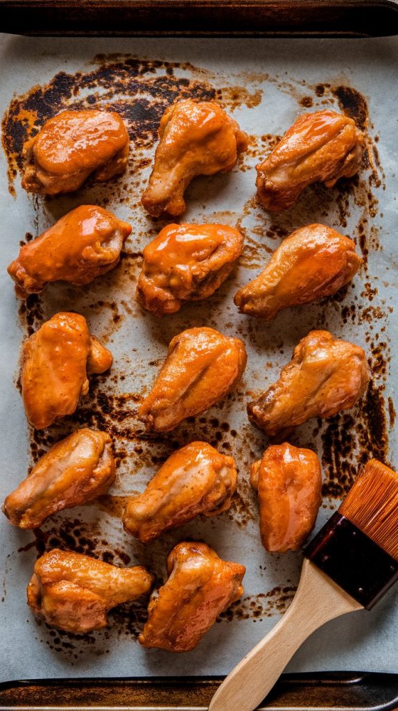 a baking sheet lined with parchment paper, covered in saucy chicken wings under the broiler