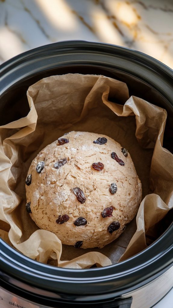 A ball of Irish soda bread dough, slightly rough in texture, with raisins evenly mixed throughout