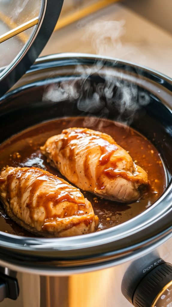 A black slow cooker with its lid slightly lifted, revealing tender, slow-cooked chicken breasts in a bubbling teriyaki sauce