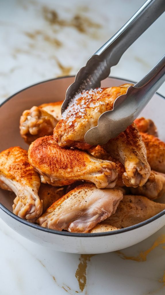 A bowl of raw chicken wings being seasoned with salt, black pepper, garlic powder, and smoked paprika