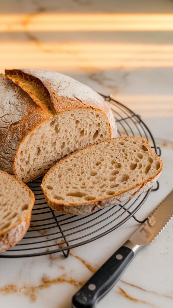 A freshly baked loaf of gluten-free bread cooling on a wire rack