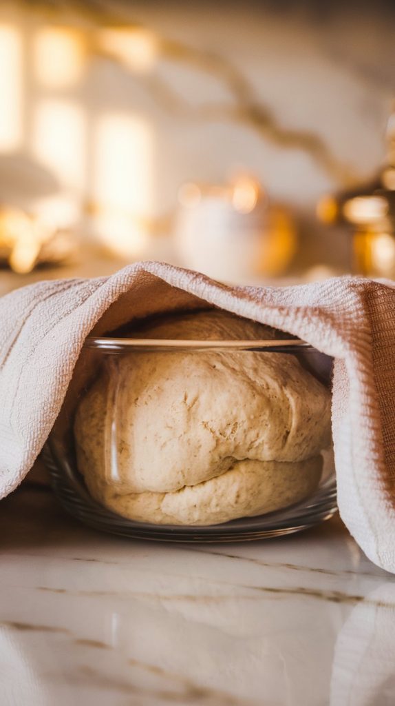 A glass mixing bowl covered with a light kitchen towel, slightly domed from rising dough inside